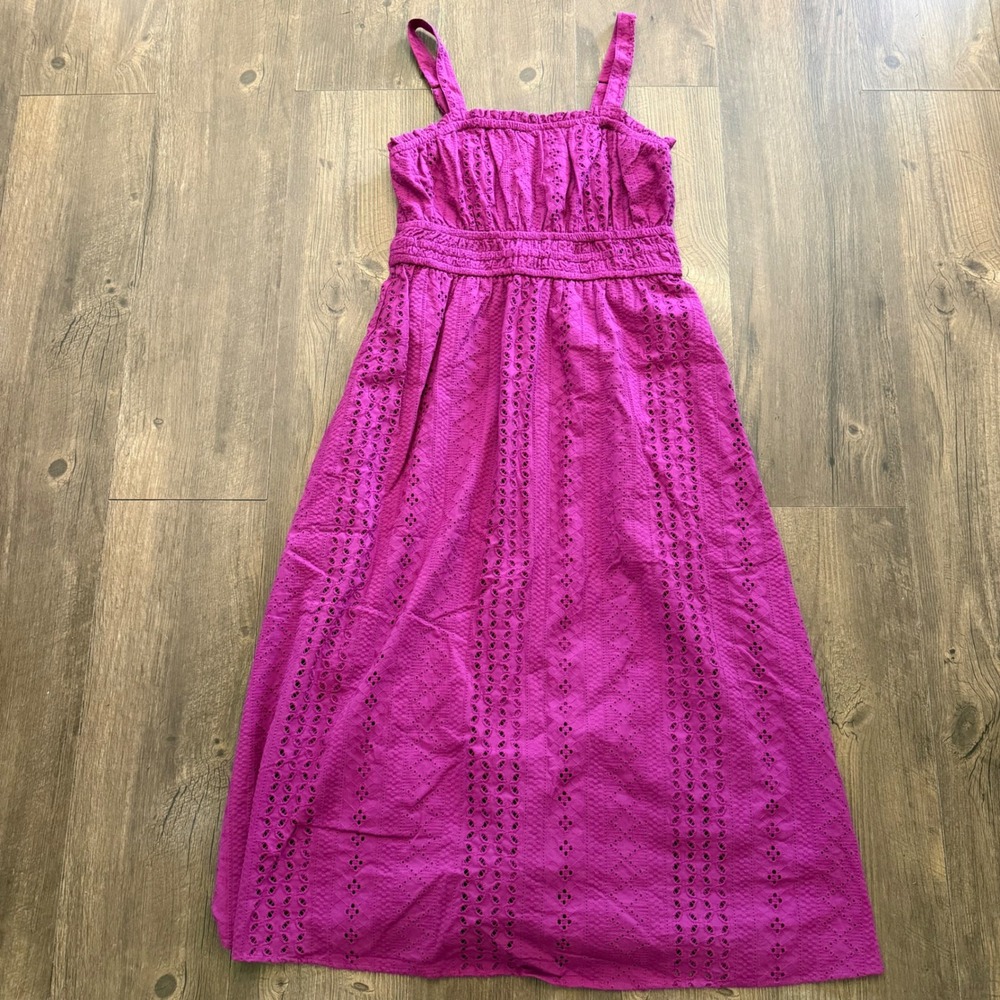Falls Creek Eyelet Slip Dress Women Size L Magenta Purple Smocked Midi Sundress
